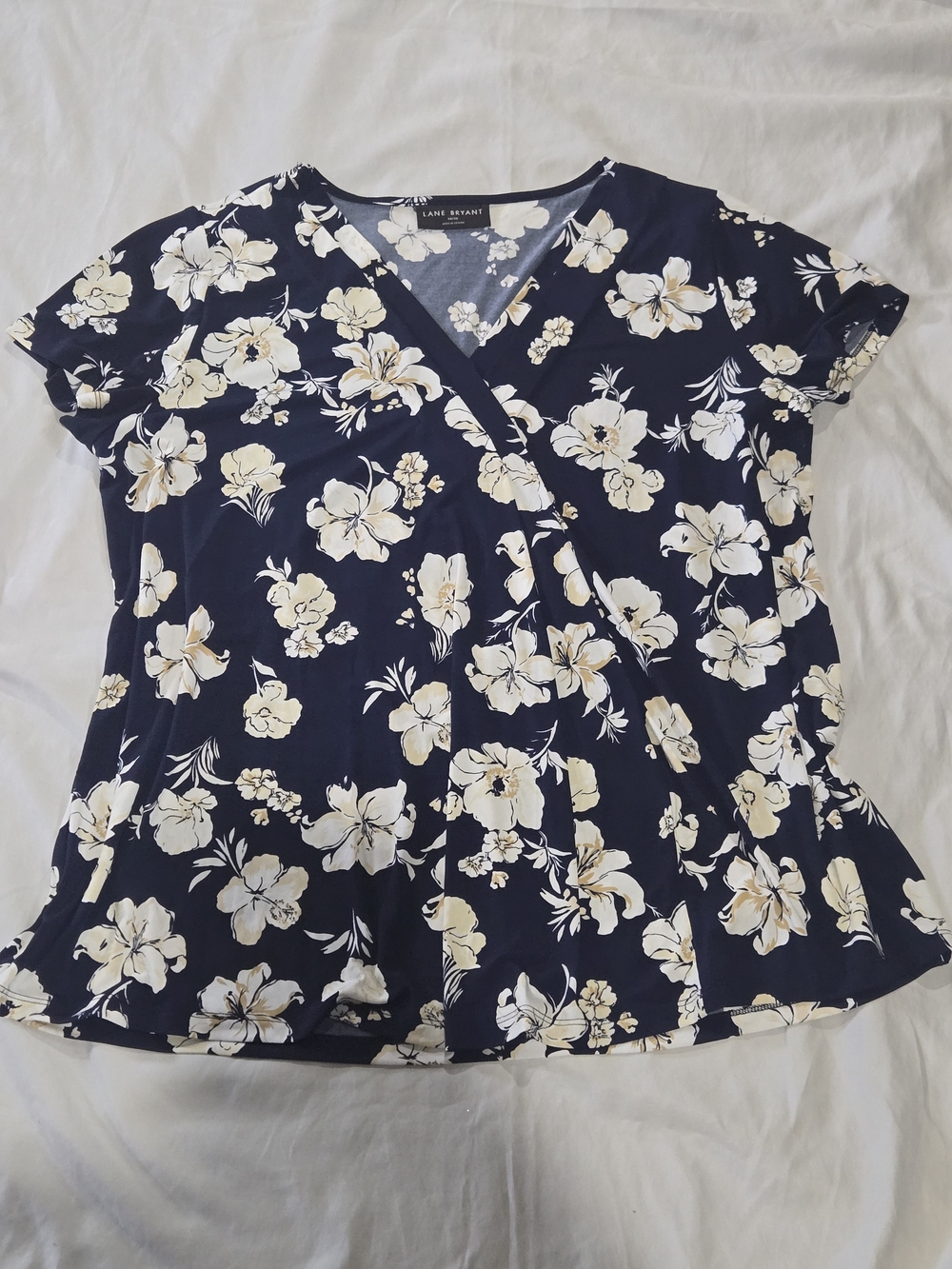 Lane Bryant Navy Floral Faux-Wrap Blouse with Cream Blossoms